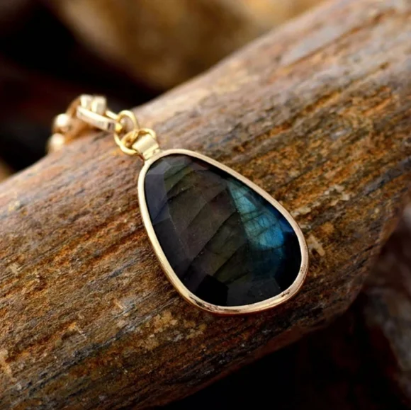 Labradorite Natural Stone Pendant Chunky Copper Chain Necklace - Picture 2 of 7